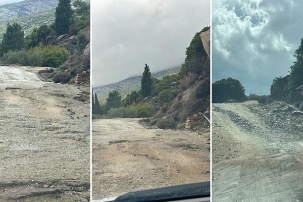 Φθορές στον δρόμο που συνδέει τον Μαγγανίτη με το Δάσος και το Βουνί στην Ικαρία.