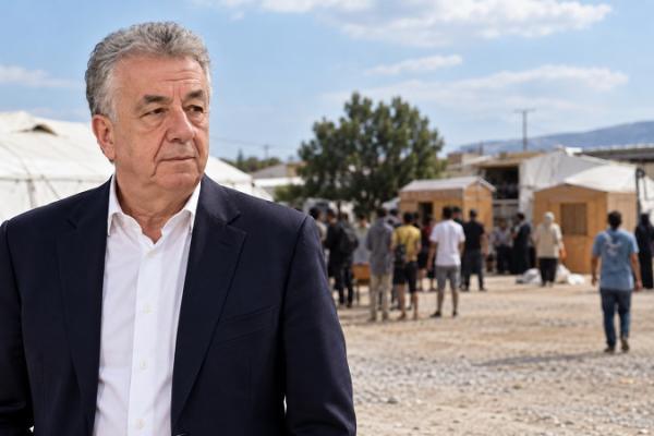 Ο περιφερειάρχης Κρήτης Σταύρος Αρναουτάκης με φόντο προσωρινή δομή φιλοξενίας μεταναστών.